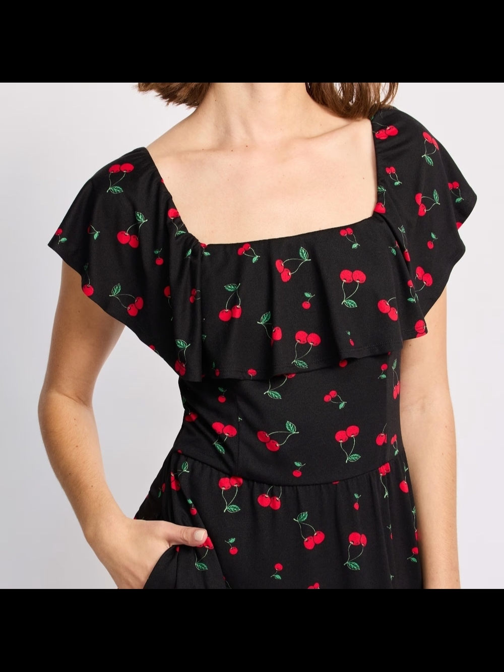 nine britton Black Dress with Red Cherry Print and Green Leaves